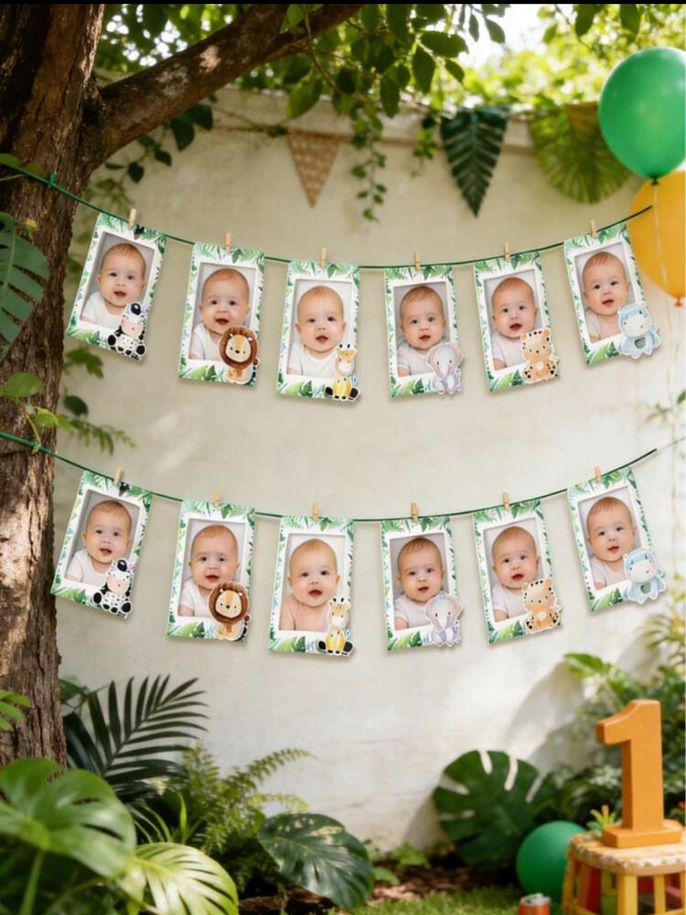 First 1st Birthday Picture Month Milestone Photo Banner Baby Jungle Animal Theme